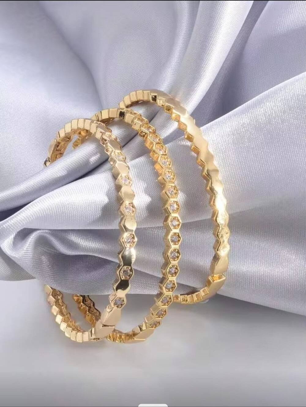 14K Yellow Gold Plated Hexagon-Textured Stackable Bangle Bracelet 3 Piece Set